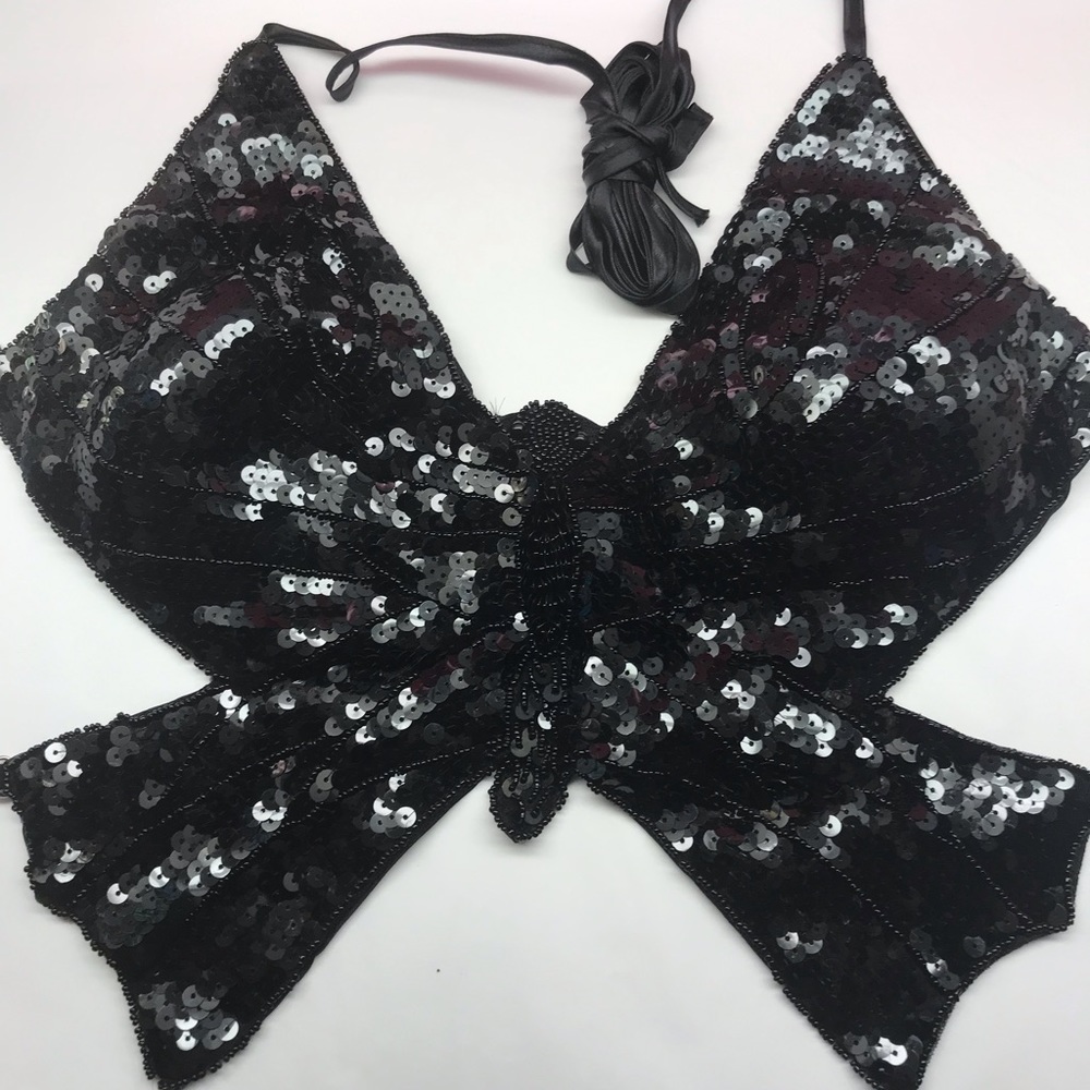 Black sequin butterfly halter crop Top festival rave goth Lolita sexy lace up OS